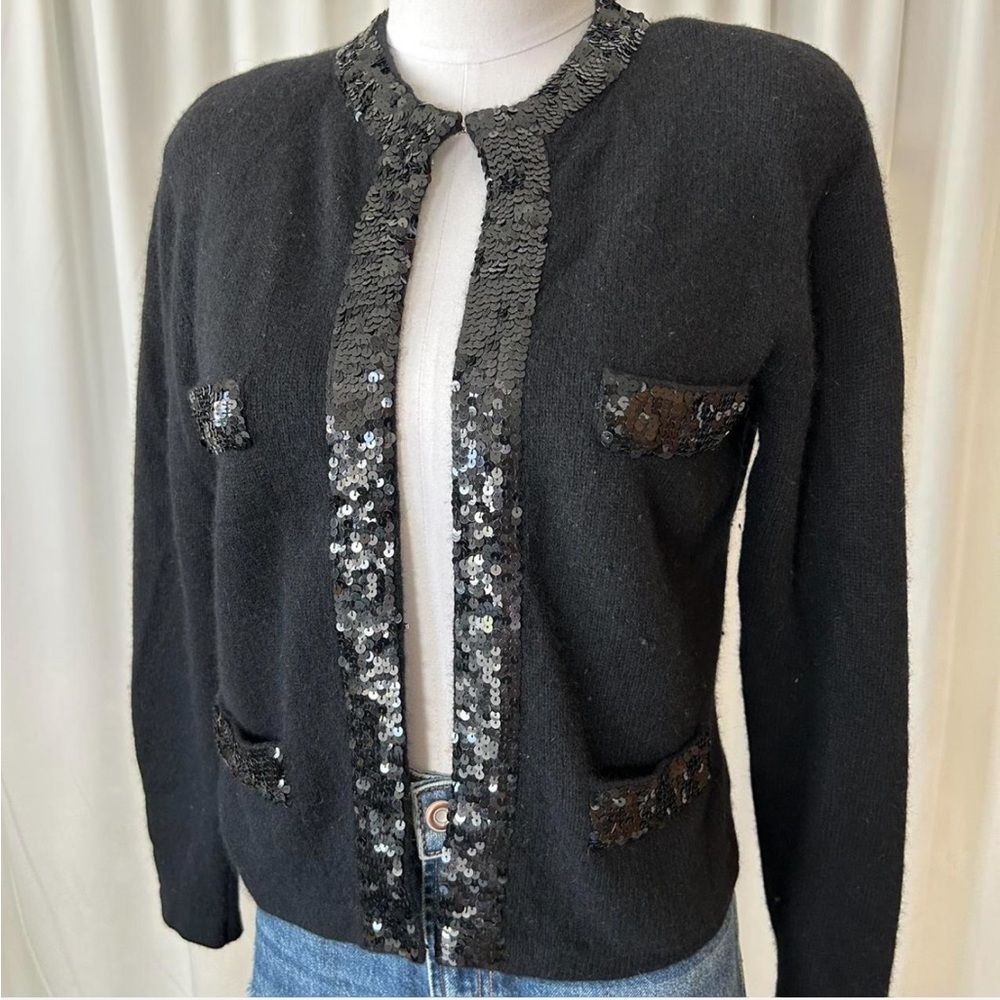 Vintage 1980s Evan-Picone Black Angora Wool Blend Sequin Cardigan Petite Small - Picture 2 of 8